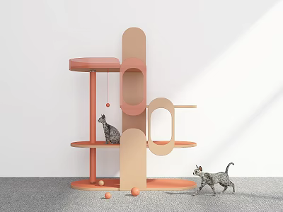 Modern Cat Tree For Playful Cats With Multi Level Platforms Holes And Balls Beige Orange 3d model