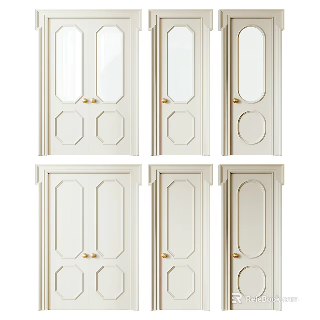 Different Styles Of White Hinged Doors With Panel Patterns And Brass Handles 3d model 