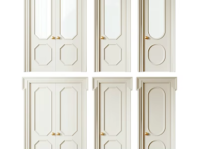 Different Styles Of White Hinged Doors With Panel Patterns And Brass Handles 3d model