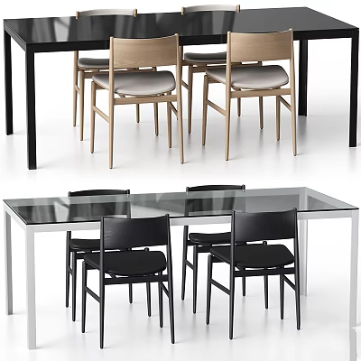 Modern Table And Chair Sets With Glass Top Black Chairs And Light Wooden Seats 3d model