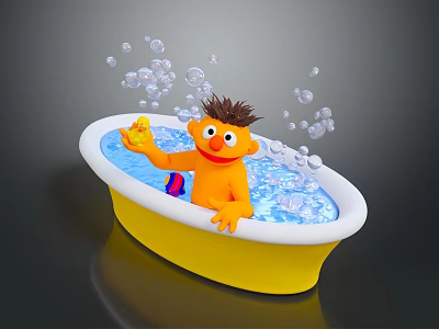 Yellow Bathtub Featuring Cartoon Character Yellow Rubber Duck Bubbles and Blue Water 3d model