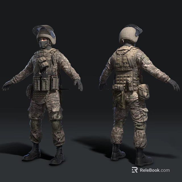 Man in Military Camouflage Uniform With Tactical Vest Backpack 3D Model Front Back Views 3d model 