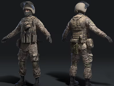 Man in Military Camouflage Uniform With Tactical Vest Backpack 3D Model Front Back Views 3d model