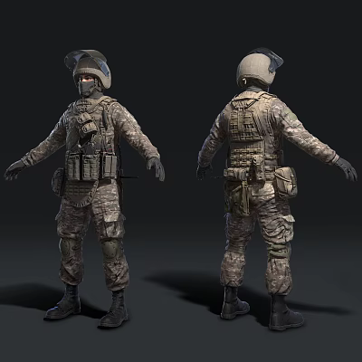 Man in Military Camouflage Uniform With Tactical Vest Backpack 3D Model Front Back Views 3d model