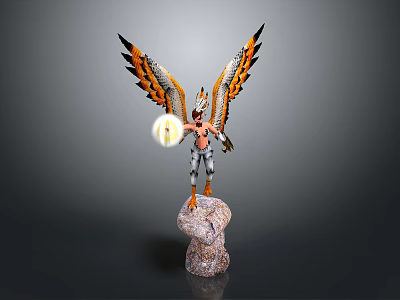 Mythical Eagle Humanoid Figure With Spread Orange Black Wings Holding Glowing Orb On Rock 3d model