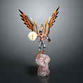 Mythical Eagle Humanoid Figure With Spread Orange Black Wings Holding Glowing Orb On Rock