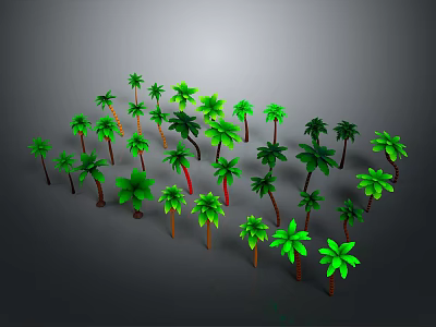 Green Palm Trees With Various Sizes And Shapes As 3D Models On Gray Background 3d model