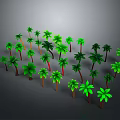 Green Palm Trees With Various Sizes And Shapes As 3D Models On Gray Background