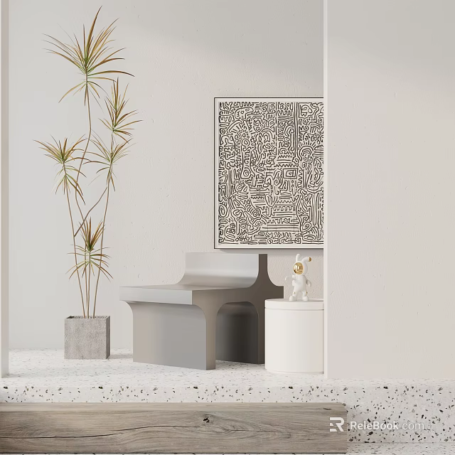 Modern Leisure Chair in Minimalist Space with Abstract Wall Art Side Table and Potted Plant 3d model 
