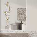 Modern Leisure Chair in Minimalist Space with Abstract Wall Art Side Table and Potted Plant