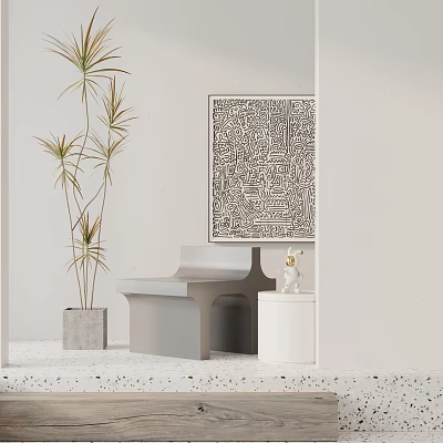 Modern Leisure Chair in Minimalist Space with Abstract Wall Art Side Table and Potted Plant 3d model