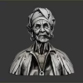 Detailed Elderly Man Portrait Bust Sculpture With Turban And Striped Shirt