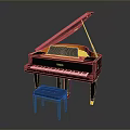 Black Grand Piano With Gold Accents And Wooden Stool Musical Instrument