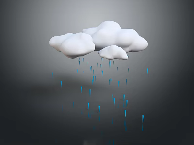 White Clouds With Falling Blue Raindrops And Reflection On Gray Background 3d model