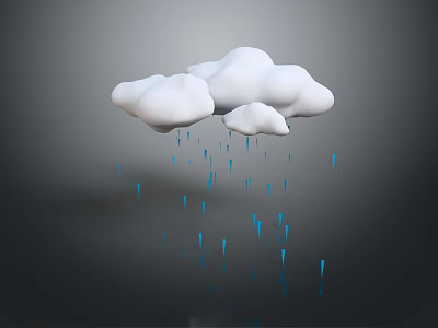 White Clouds With Falling Blue Raindrops And Reflection On Gray Background 3d model