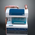 Industrial Equipment Unit With Copper Pipes Blue White Body Control Panel And Radiation Symbol