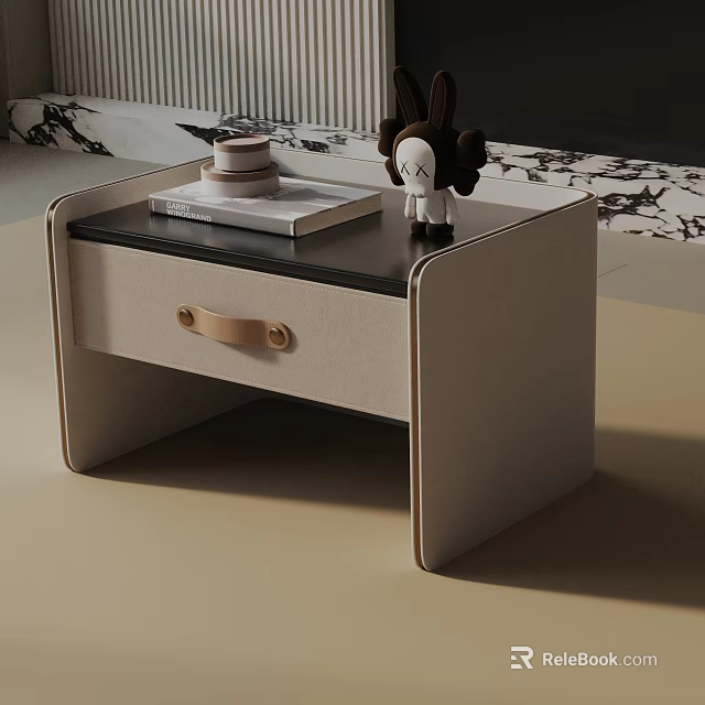 Modern Beige Bedside Table With Drawer And Decorative Figurine On Black Top Surface 3d model 