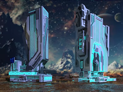 Cartoon Scene of Futuristic Towers with Blue Lights Under Starry Sky and Mountains 3d model
