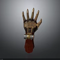 Golden Mechanical Hand With Metallic Wrist Structure And Red Base Decoration