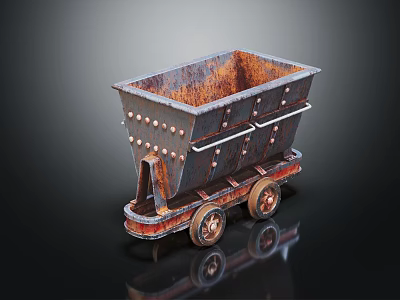 Rusty Vintage Metal Mine Cart With Wheels On Reflective Surface 3d model