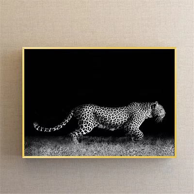 Leopard Animal Painting Walking on Grass Field with Black Background and Golden Frame 3d model