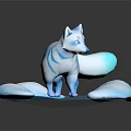 3D Fantasy White Fox With Blue Stripes And Multiple Tails On Black Reflective Base