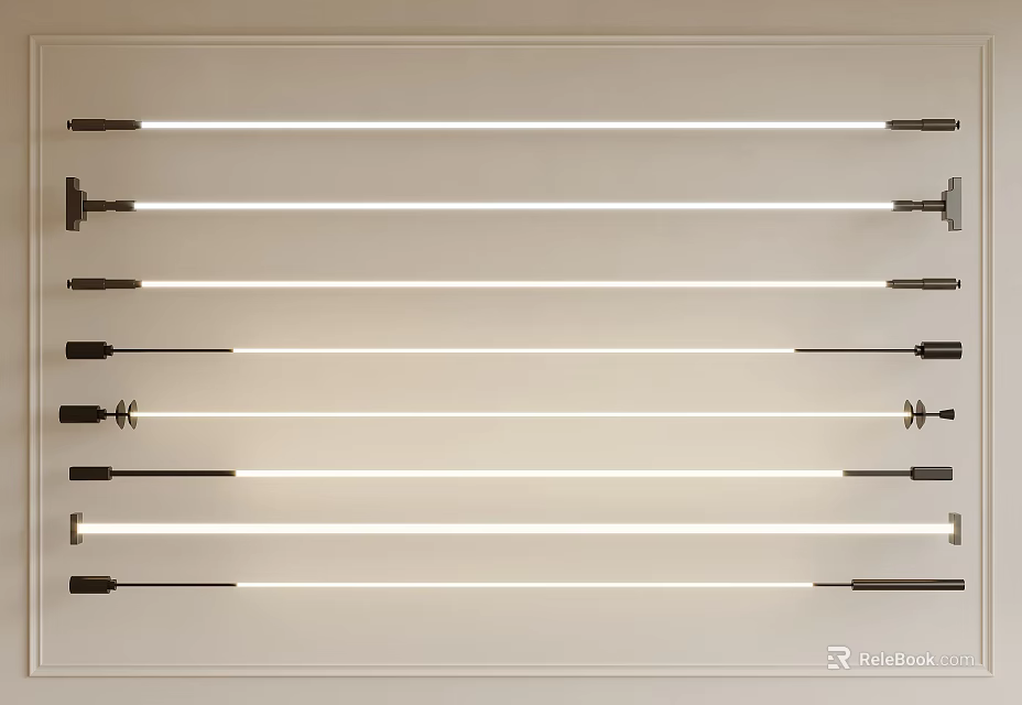 Minimalist Modern Linear Light Fixtures With Various Designs Neatly Arranged On Light Colored Background Wall 3d model 