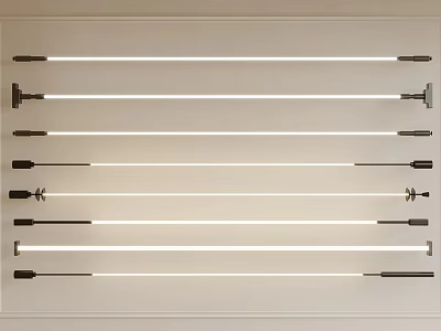 Minimalist Modern Linear Light Fixtures With Various Designs Neatly Arranged On Light Colored Background Wall 3d model