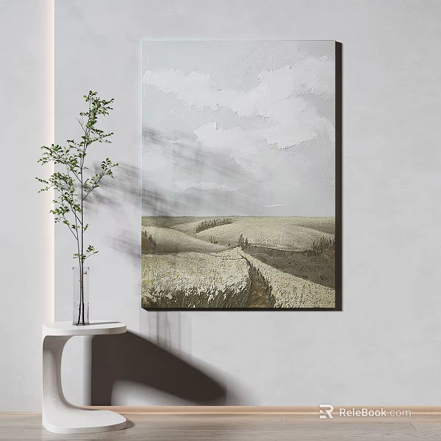 Rural Field Landscape Wall Art In Minimalist Interior With Green Plant On White Table 3d model 