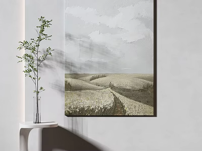 Rural Field Landscape Wall Art In Minimalist Interior With Green Plant On White Table 3d model