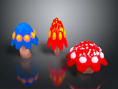 Vibrant Cartoon Mushrooms In Fantasy Scene With Blue Red White Hats And Spotted Patterns 3d model