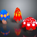Vibrant Cartoon Mushrooms In Fantasy Scene With Blue Red White Hats And Spotted Patterns