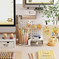 Cute Work Desk with Cartoon Decorations Organizer Colorful Pens Scissors Yellow Cup and Green Plant