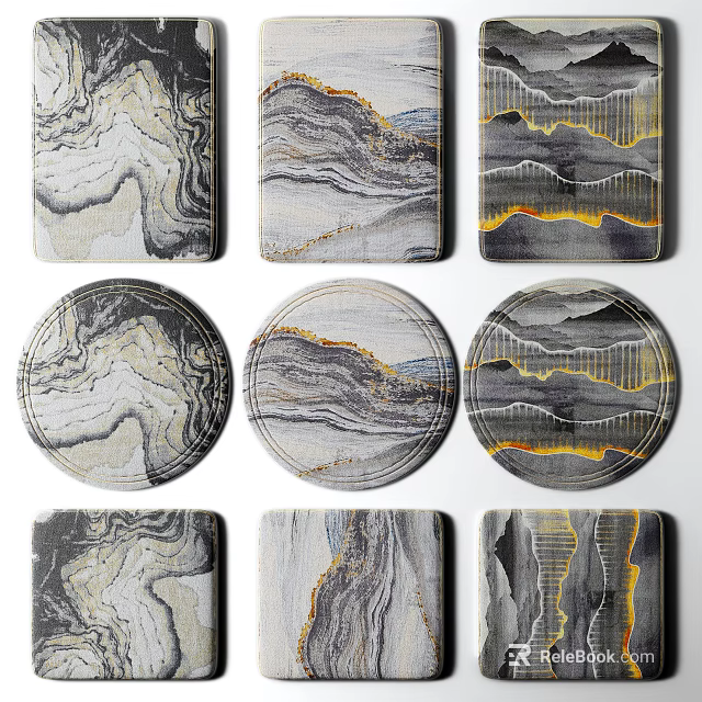 Square Area Rugs Featuring Marble Wave Patterns and Yellow Accent Designs 3d model