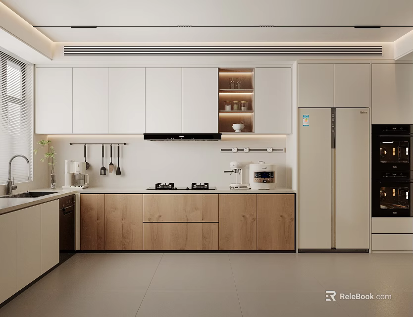 Modern Open Concept Kitchen Interior With White And Wooden Cabinets And Appliances 3d model 