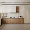 Modern Open Concept Kitchen Interior With White And Wooden Cabinets And Appliances