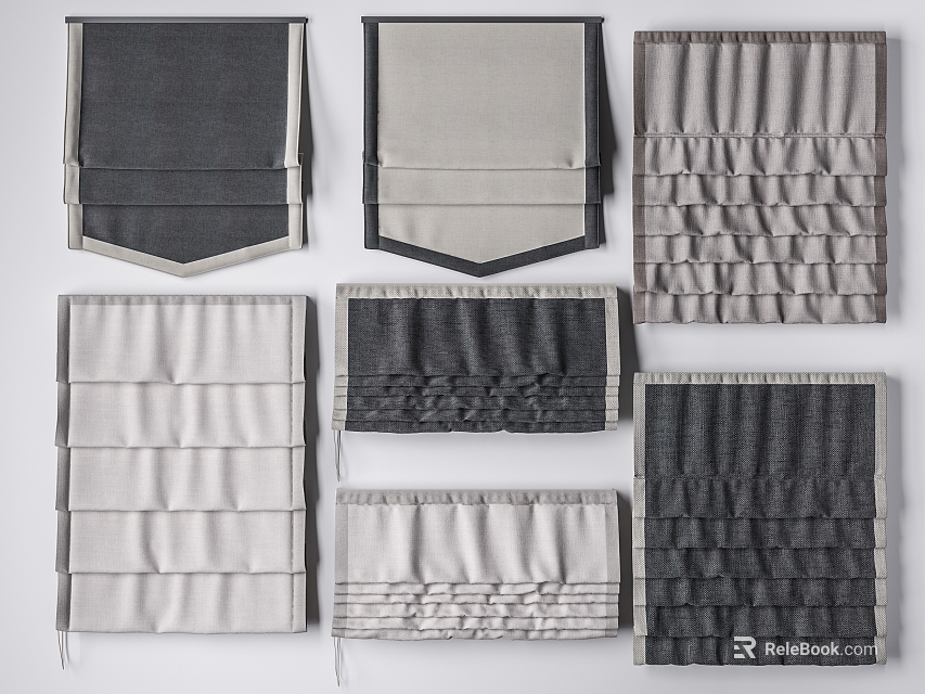 Roman Shades with Different Pleated Fabric Designs in Neutral Gray Beige Tones 3d model 