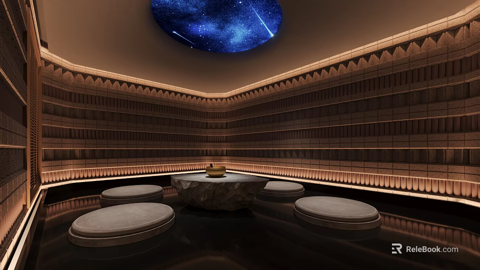 Bath Center Sauna Room With Wooden Striped Walls Stone Table And Starry Ceiling 3d model 