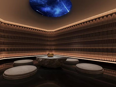 Bath Center Sauna Room With Wooden Striped Walls Stone Table And Starry Ceiling 3d model