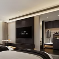Modern Hotel Room Interior With Double Bed White Bedding TV Black Accents And Large Windows
