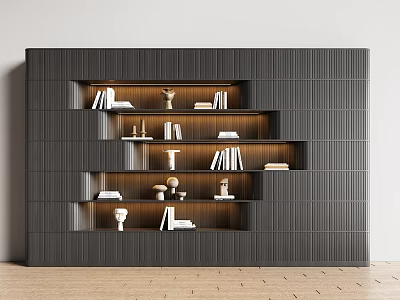 Modern Dark Gray Bookcase With Layered Open Shelves Holding Books And Decorative Items 3d model