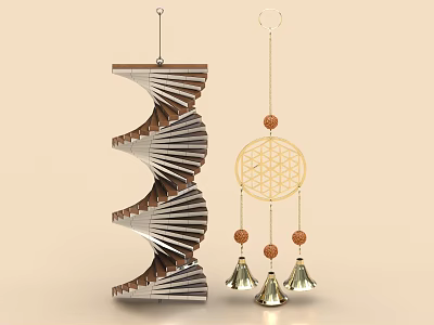 Decorative Ornament Set Featuring Spiral Wooden Metal Structure And Geometric Dreamcatcher Bells Wooden Beads 3d model