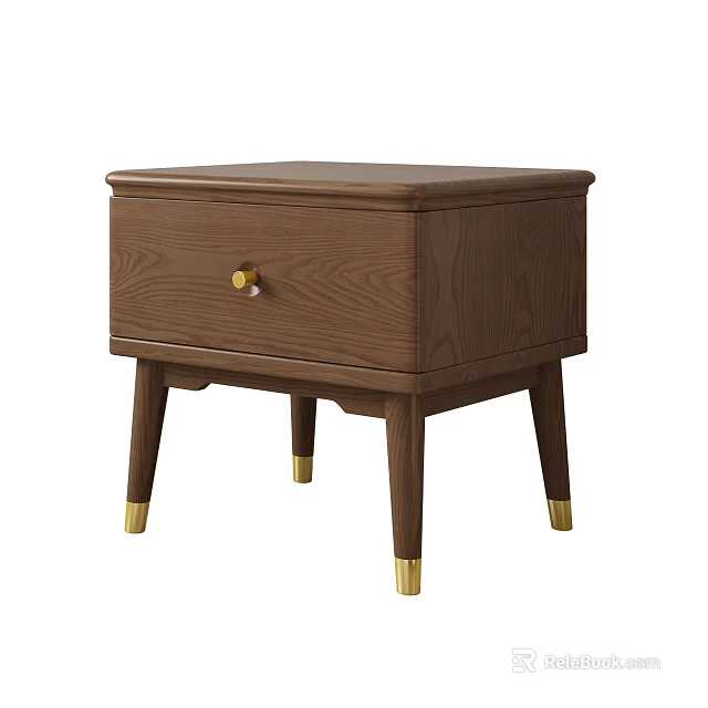Wooden Nightstand With Wood Grain Single Drawer Golden Knob And Golden Legs 3d model 
