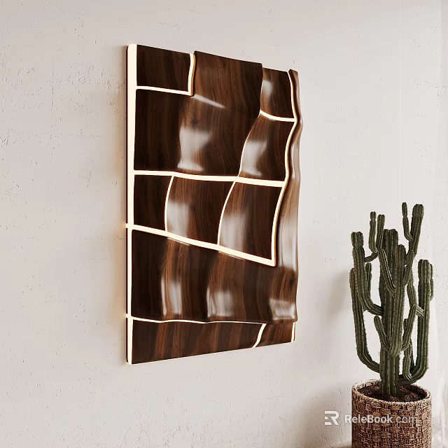 Modern Wooden Wave Textured Wall Decor With LED Light And Cactus Plant 3d model 