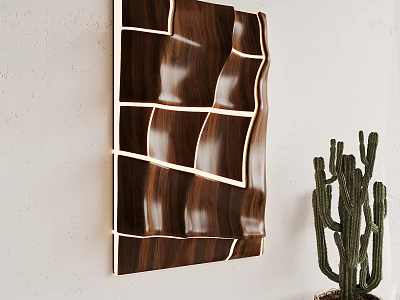 Modern Wooden Wave Textured Wall Decor With LED Light And Cactus Plant 3d model
