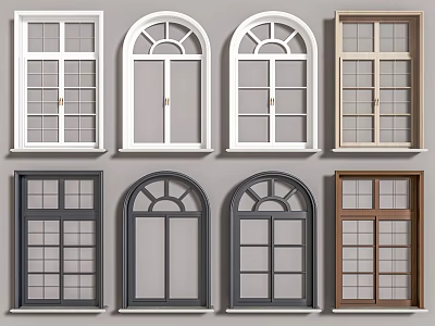 Casement Windows In Various Colors And Frame Styles With Arched Top And Glass Panes 3d model