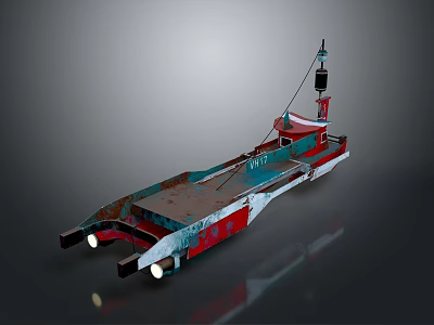 Aerospace Launch Support Tugboat With Rusted Red Blue Hull And Reflective Lights 3d model