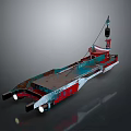 Aerospace Launch Support Tugboat With Rusted Red Blue Hull And Reflective Lights