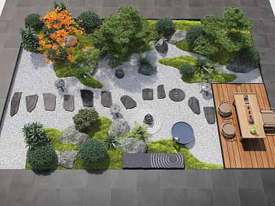 Japanese Rock Garden Design With Raked Gravel Rocks Moss And Wooden Seating Area 3d model