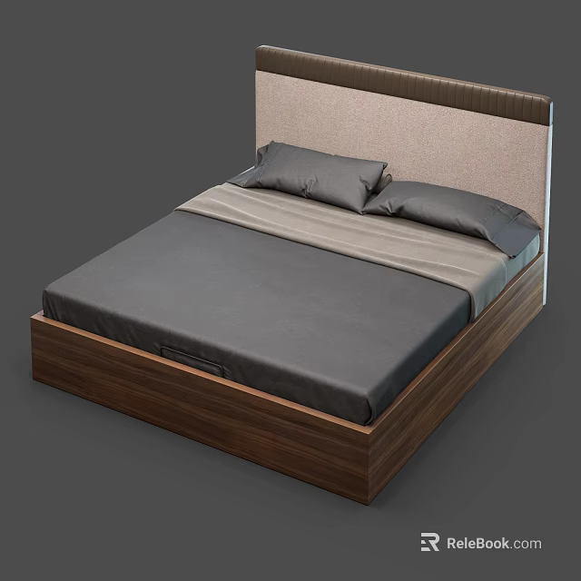 Double Bed With Wooden Frame Light Colored Headboard Gray Mattress And Pillows 3d model 